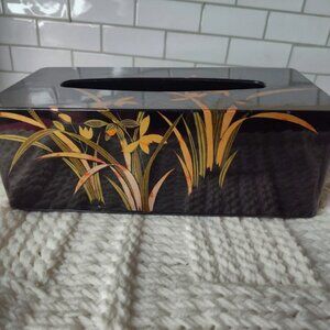 Vintage Japanese Yamanaka Black Lacquer Tissue Box Floral Made in Japa